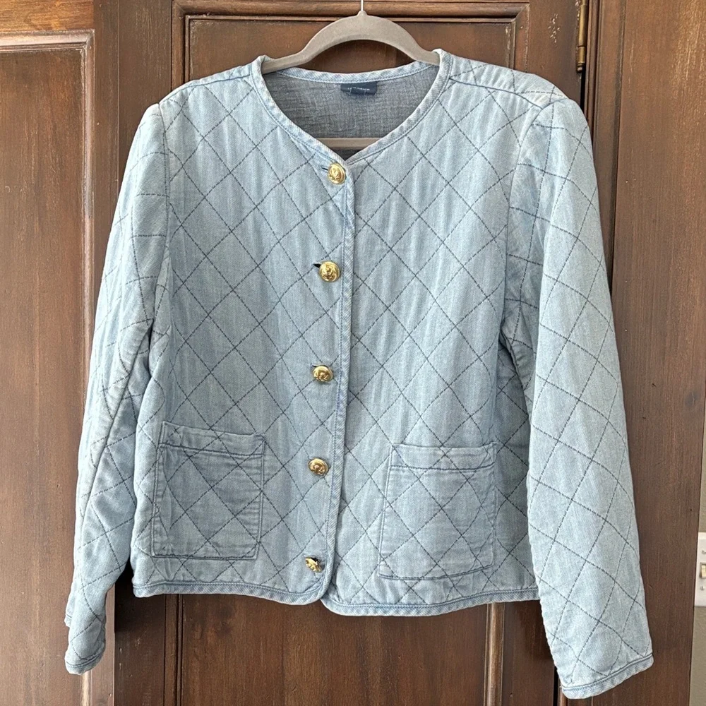 J. Jill Light Blue Quilted Denim Jacket with Gold Buttons - Picture 1 of 4